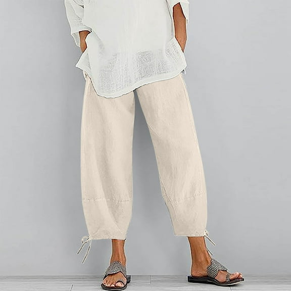 Wycnly Womens Cropped Pants Womens Cropped Pants Casual Solid Elastic Waist Loose Straight Leg Trousers Fall Lightweight Vintage Cotton Linen Pants with Pocket Fall Savings Clearance