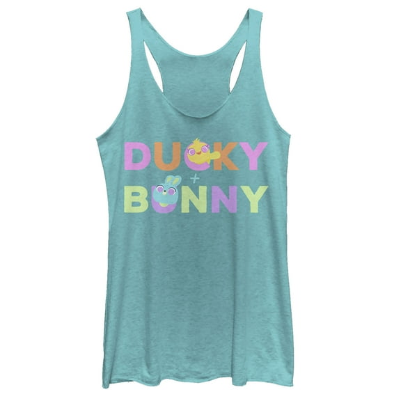 Women's Toy Story Ducky & Bunny Rainbow Text  Racerback Tank Top Tahiti Blue Small