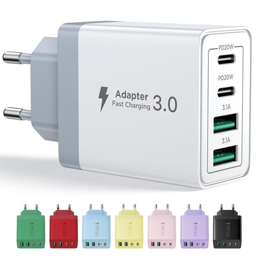 Cargador Rápido 40W con 4 Puertos (2 USB-C + 2 USB-A) Adaptador de Corriente PD 3.0 y QC 3.0 para iPhone 16/15/14 Samsung Galaxy iPad y Múltiples Dispositivos