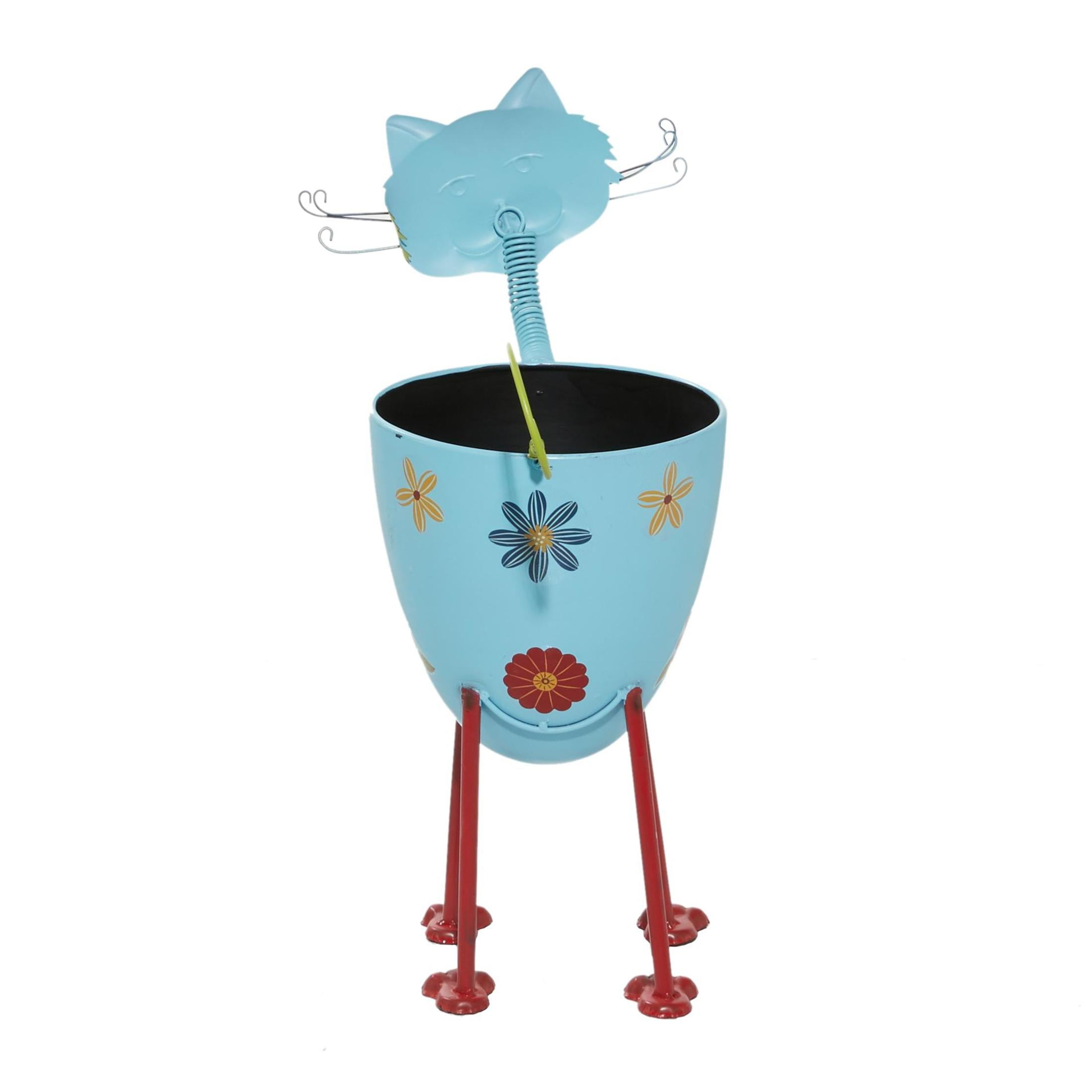DecMode Blue Metal Cat Indoor Outdoor Planter with Flower Pattern, 16" x 8" x 19"