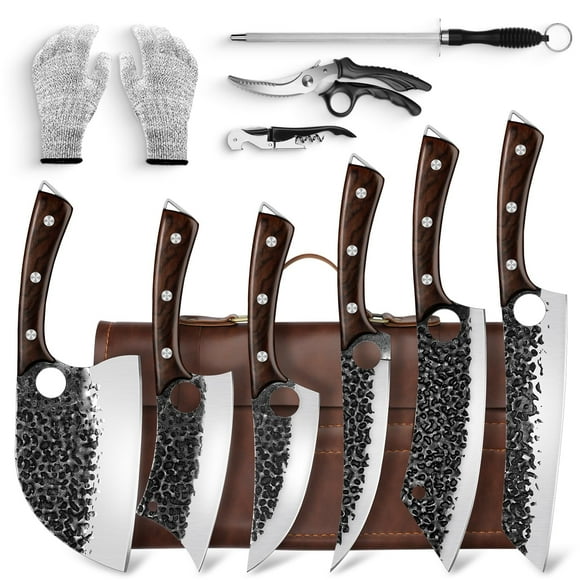 DRGSKL Serbian Chef Knife Set, Hand Forged Knife Set with Bag, Full Tang Kitchen Knife Sets with High Carbon Steel, Meat Cleaver Butcher Boning Knife for Brisket Trimmi