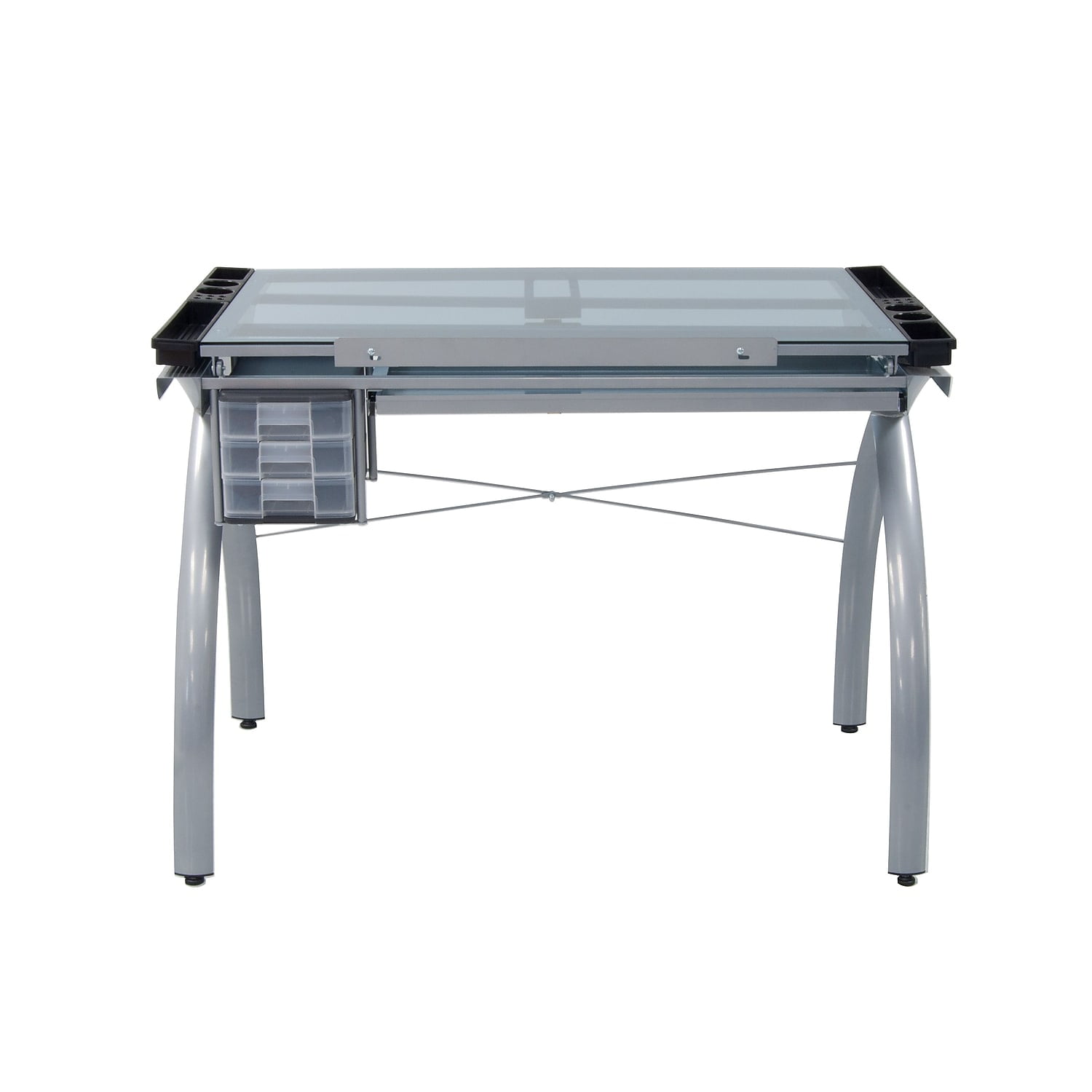 Studio Design Futura Craft Station Tempered Silver Blue Glass Drawing Table