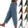 thumbnail image 1 of Pincandy Women's Solid Color Elastic Waist Corduroy Casual Pants, Side Pockets, Side Buttons, Casual & Daily Wear, 1 of 7