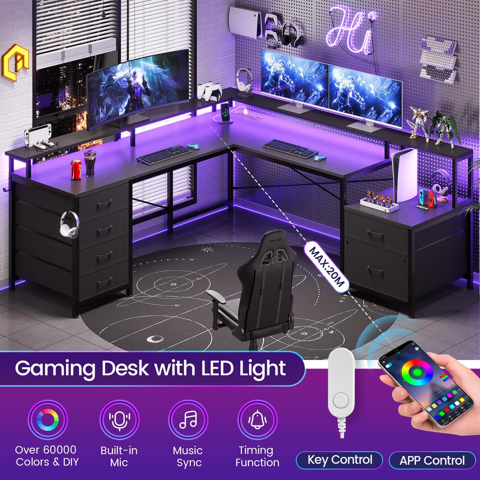 L Shaped Desk with File Drawer & Power Outlet, 108" Home Office Desk with 6 Drawer, Corner Computer Desk with Monitor Shelf, File Cabinet, Two Person Desk, Gaming Desk with Led Lights, Black