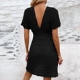 thumbnail image 6 of Swimsuit Coverup for Women Short Sleeve Deep V Neck Smocked Waist Crochet Knit Mini Dress Beach Cover Up Bathing Suit Dress, 6 of 8