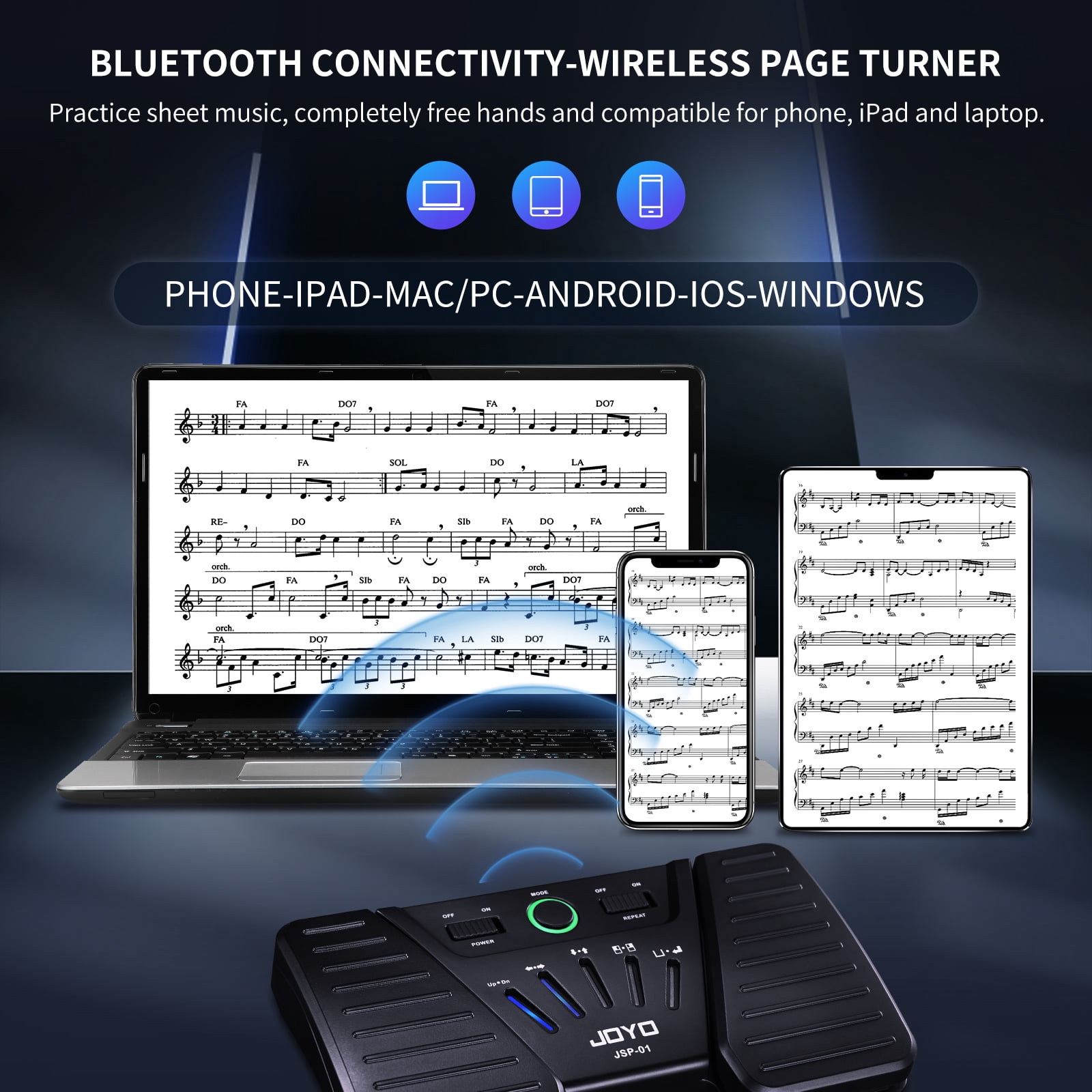 JOYO JSP-01 Rechargeable Bluetooth Page Turner Foot Pedal, Anti-Slip Rubber Base ABS Build for Guitar & Keyboard Musicians, Compatible with iOS & Android Devices