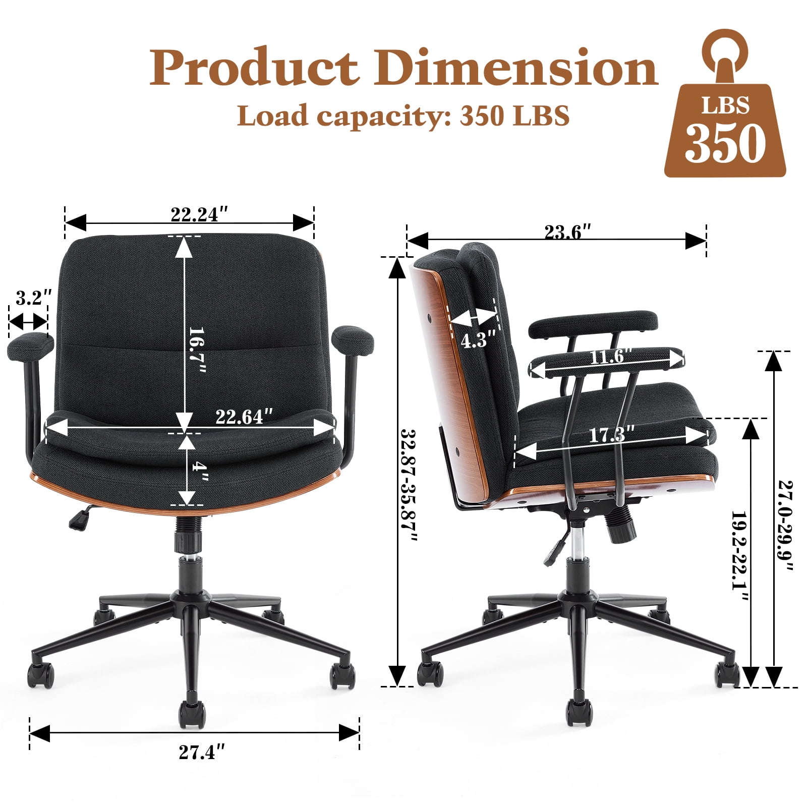 Home Office Desk Chair with Armrests & Wheels, Modern Walnut Swivel Rolling Executive Task Chair, Height Adjustable Ergonomic Computer Chair, Black Fabric