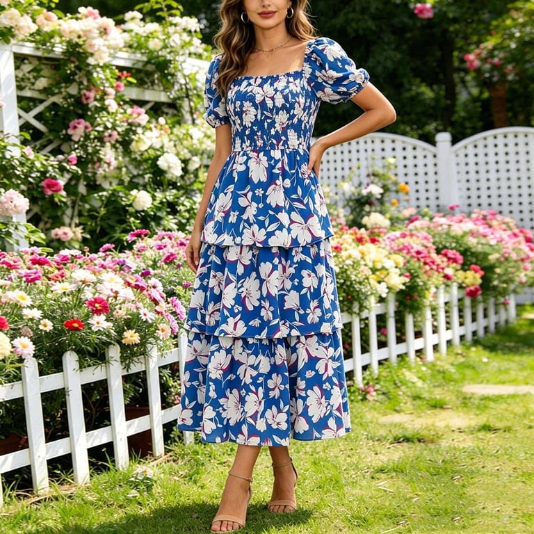 blue boho dress for wedding XUNKUSGA Guest Dresses Women Fashion Floral Maxi Dresses Trendy Square Neck Puff Sleeve Smocked Layered Tiered Ruffle A Line Swing Midi Dress,Blue,L Black lace dress with from XS to XL Grain Taille:12