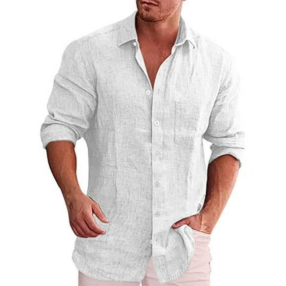 Mens Dress Shirts Long Sleeve Solid Relaxed Fit Men's Long Sleeve Loose Solid Color Shirt Lapel Casual White