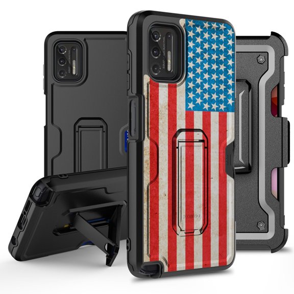 ANJ  Rugged Hybrid Shockproof Case w/Kickstand   Holster Clip Card Slot Cover for Motorola Moto G Stylus (2021 Release) - American Flag