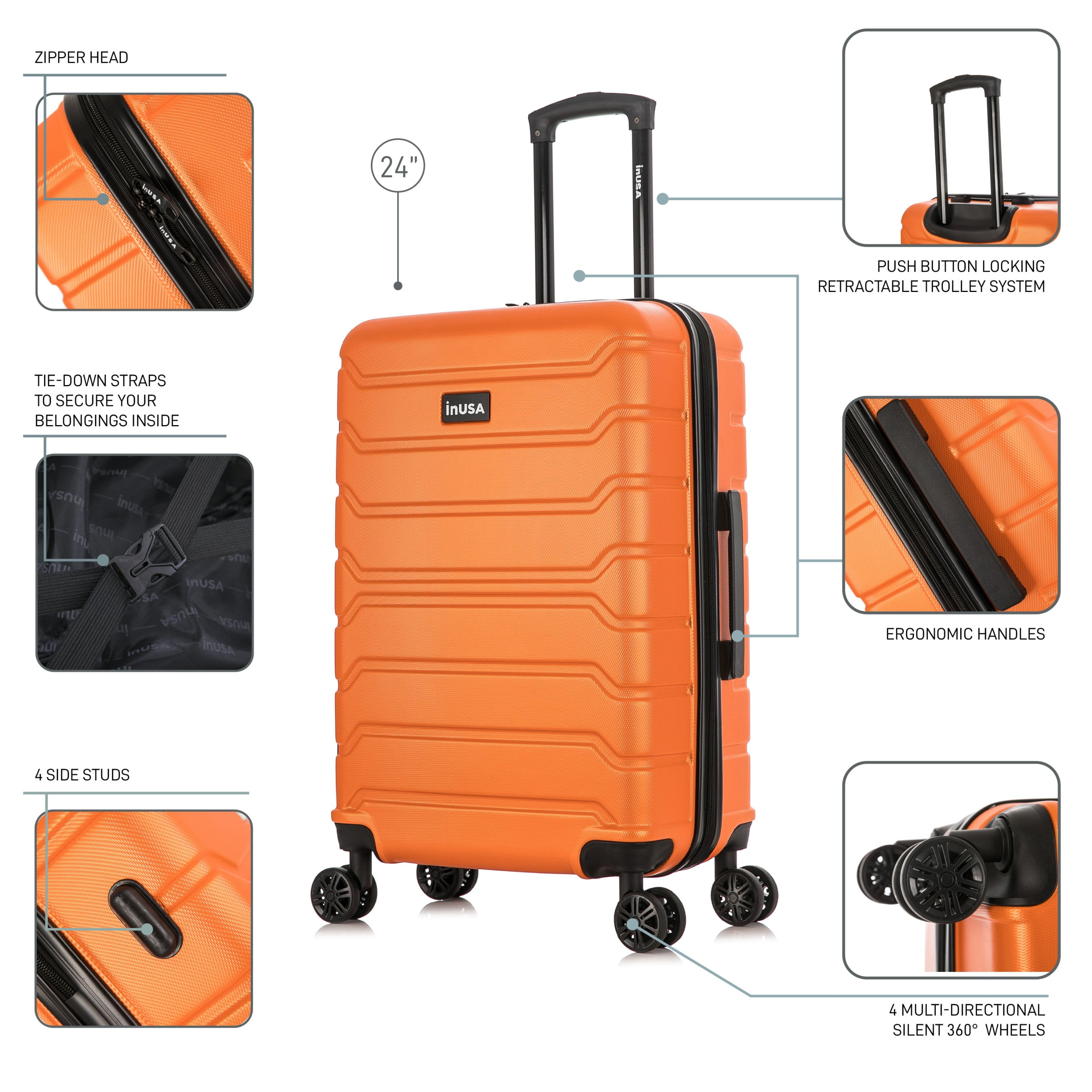 InUSA Trend 24" Hardside Lightweight Luggage with Spinner Wheels, Handle, and Trolley, Orange