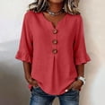 thumbnail image 2 of Oversized Tshirts for Women Casual Cotton Linen Blouse V Neck 3/4 Sleeve Button Decor Loose Fit Red Summer Tops for Women, 2 of 9