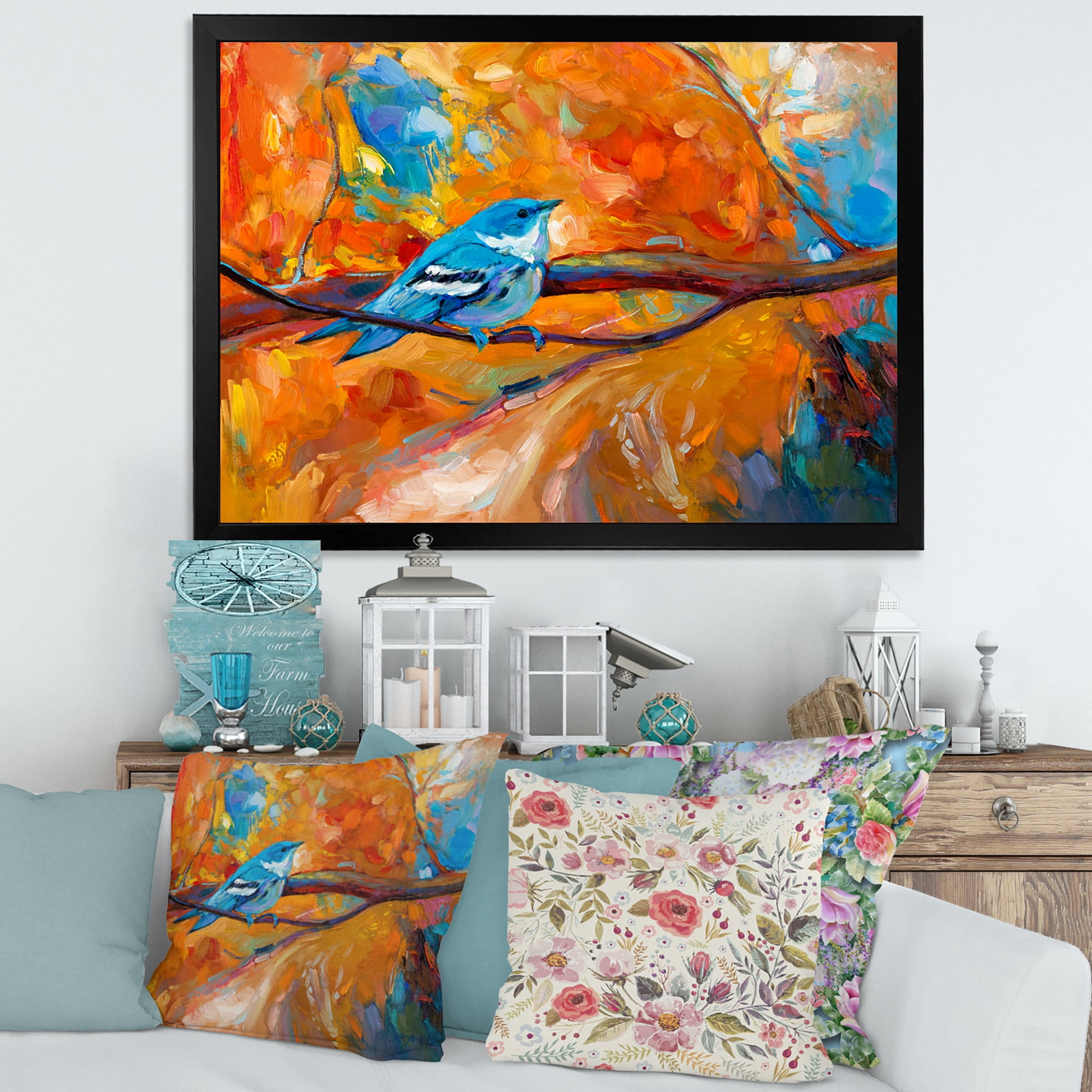 Designart 'Blue Cerulean Warbler Bird Sitting On A Branch' Traditional Framed Art Print