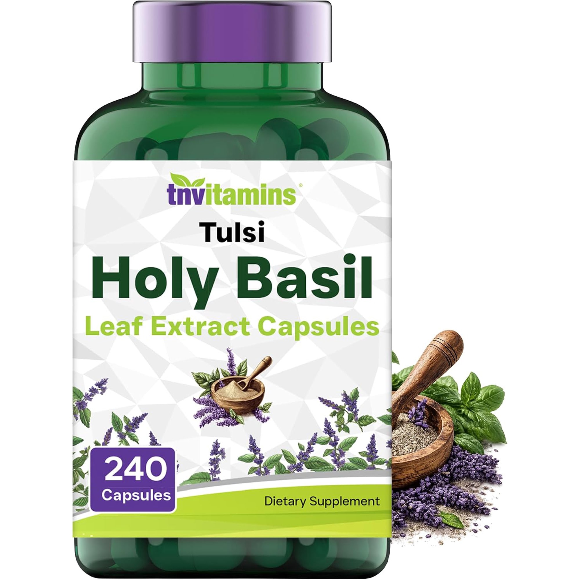 TNVitamins Holy Basil Capsules 1600 Mg, Tulsi Dietary Supplement Adaptogen Herbal Formula for Daily Wellness Balance Relaxation for Men and Women, Count 240