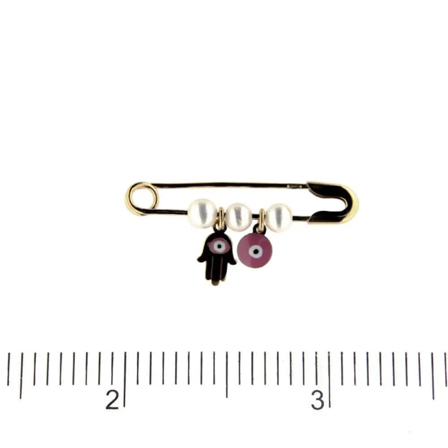 18K Yellow Gold Pink Enamel Hamsa and Pink Evil Eye Cultivated Pearls Safety Pin