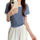 thumbnail image 2 of Camiseta de manga corta Cuello redondo Color de contraste Versátil Moda Mujer Casual Verano Top Azul L, 2 of 12