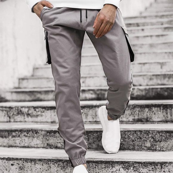 2023 Cargo Pants for Men on Clearance Cotton and Linen Slim Fitting Color Matching Leggings Drawstring Pants Outdoor Sports Casual Pants Overalls Pants