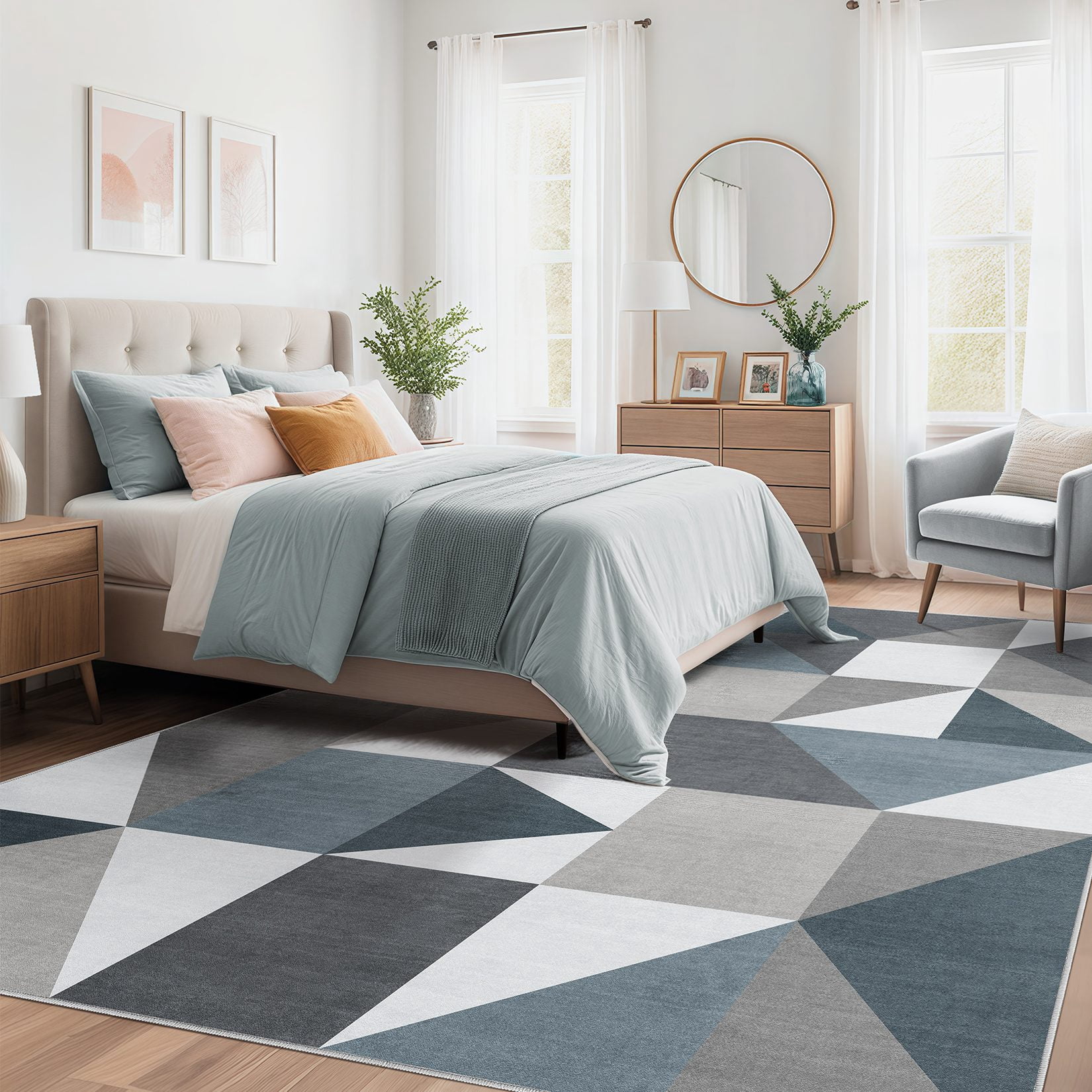 MICGEEK 9x12 Washable Area Rugs for Living Room, Modern Geometric Printed Rug, Vacuum-Friendly, Non Slip Indoor Rug for Bedroom Dining Room Home Decor Carpet, Blue&Gray