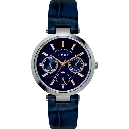 Timex Women's Classic Silver-Tone 34mm Watch, Blue Strap, Blue Dial
