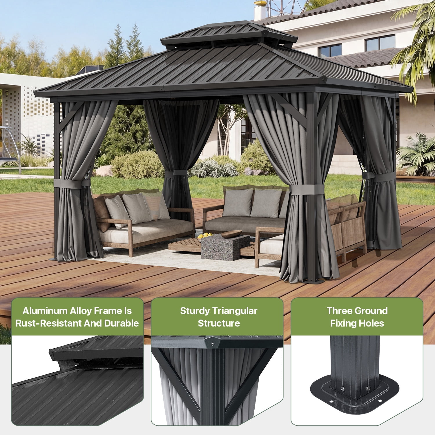 BaPiPro 10'x12' Hardtop Gazebo, Outdoor Steel Double Roof Metal Gazebo with Curtains and Nettings, Aluminum Frame Permanent Pavilion for Patio Garden Backyard, Gray