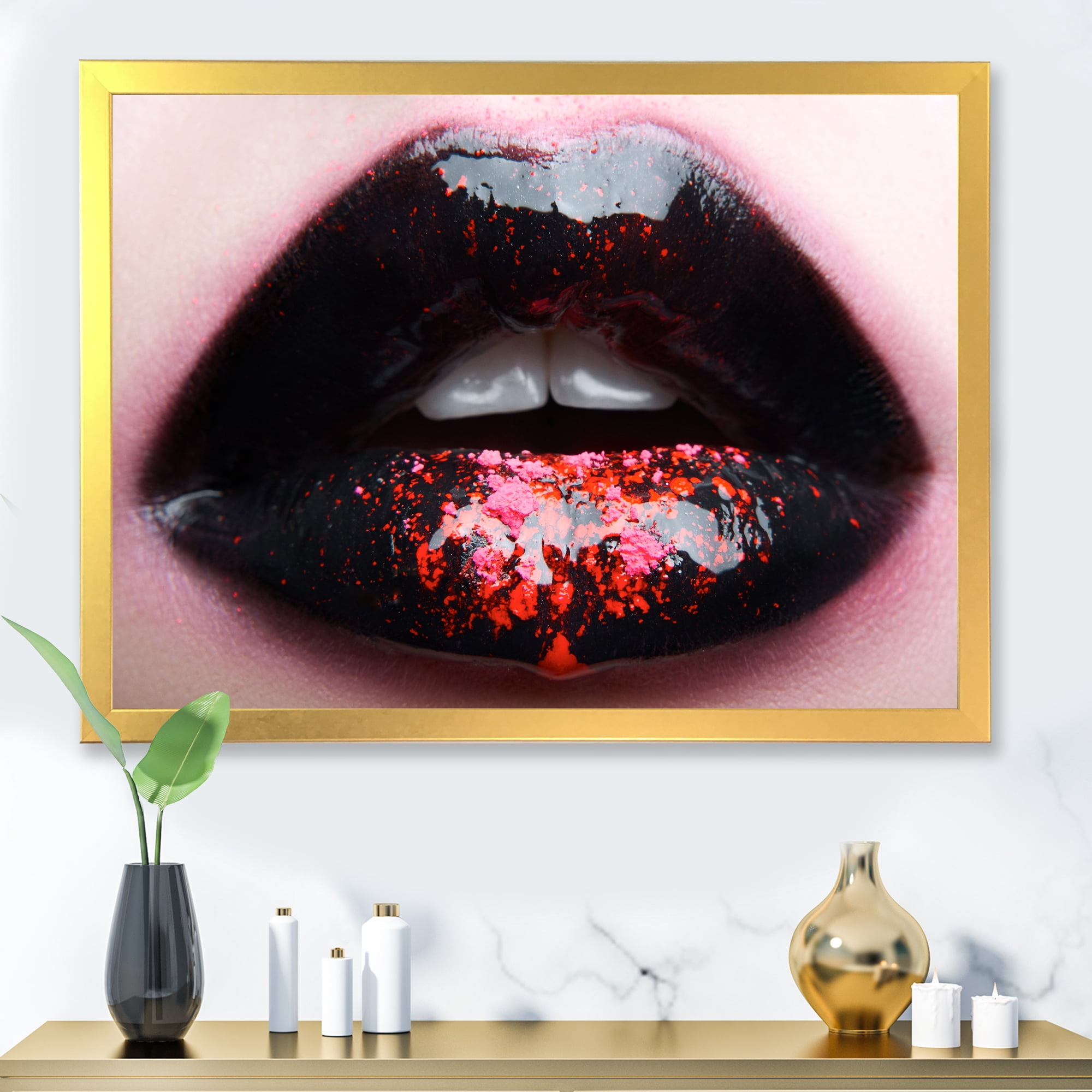 Designart 'Plump Woman Lips With Pink and Black' Modern Framed Art Print