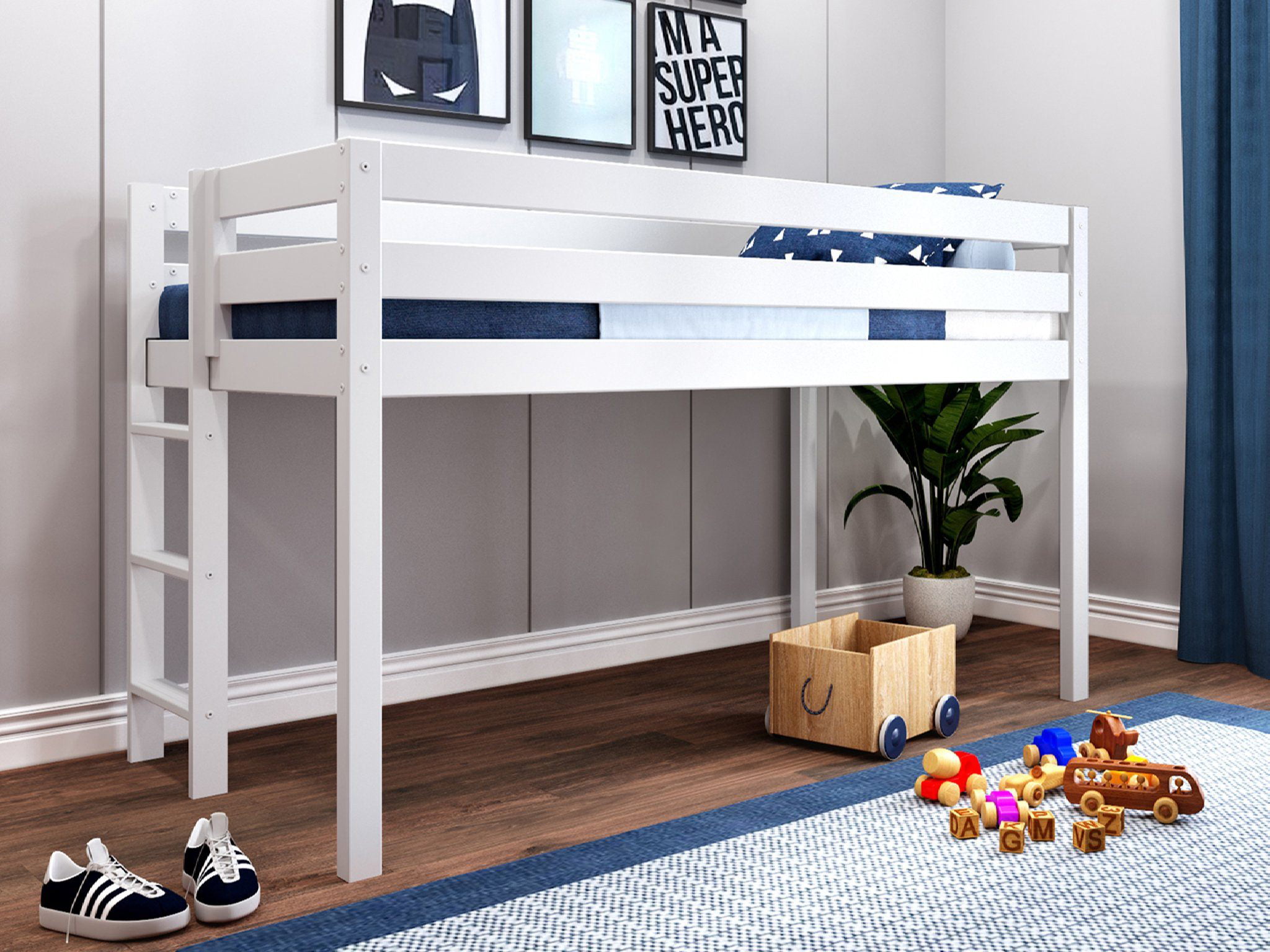 Jackpot Contemporary Low Loft Twin Bed With End Ladder Loft Bed White