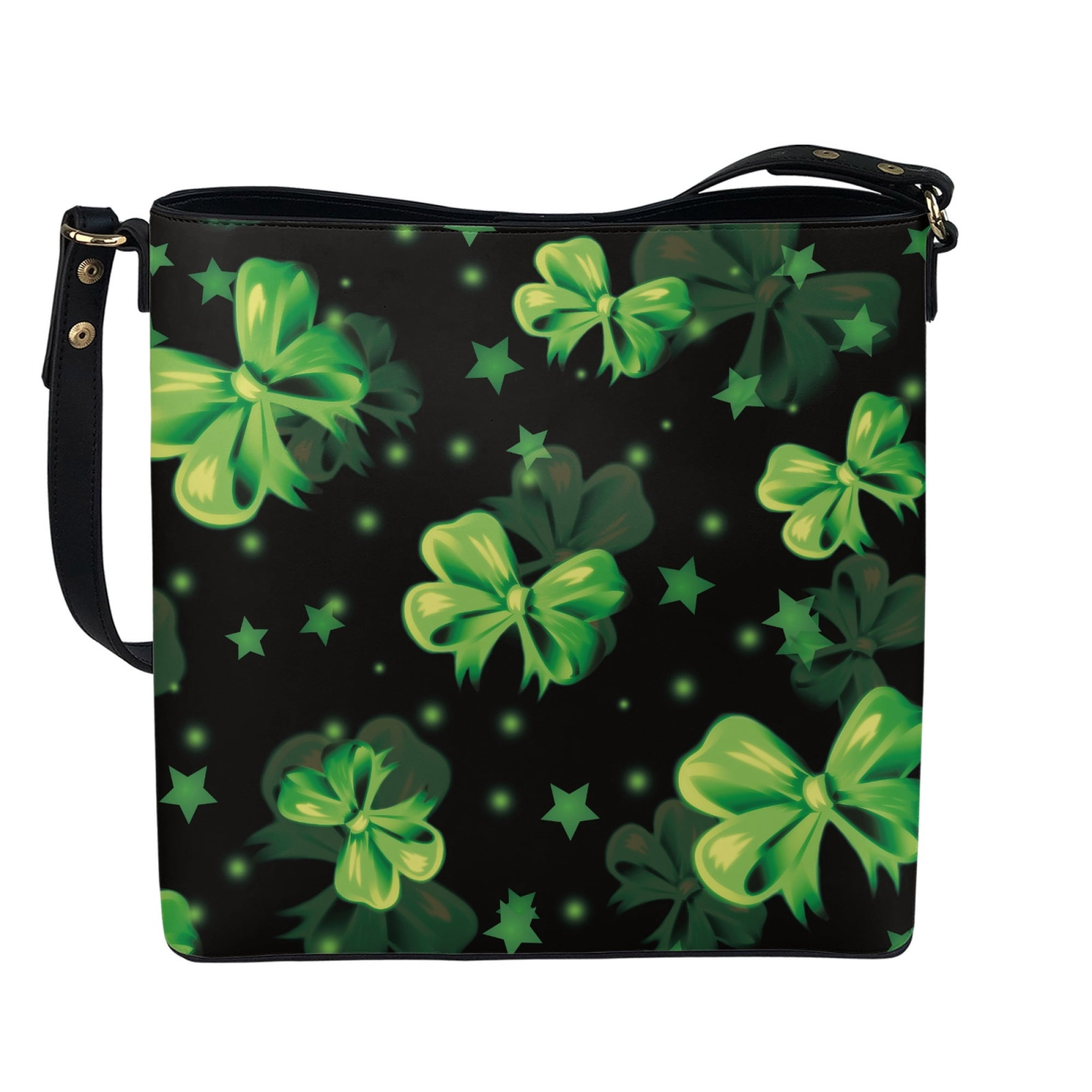HELLHERO Green Bow Print PU Material Shoulder Bag Sling Bag with Durable Bucket Crossbody Bag for Daily Use Travel