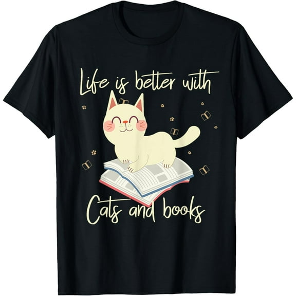 Life Is Better With Cats And Books Meowy Funny Cat T-ShirtMen and women, White Black T-shirt, size: Extra large S-1397XL