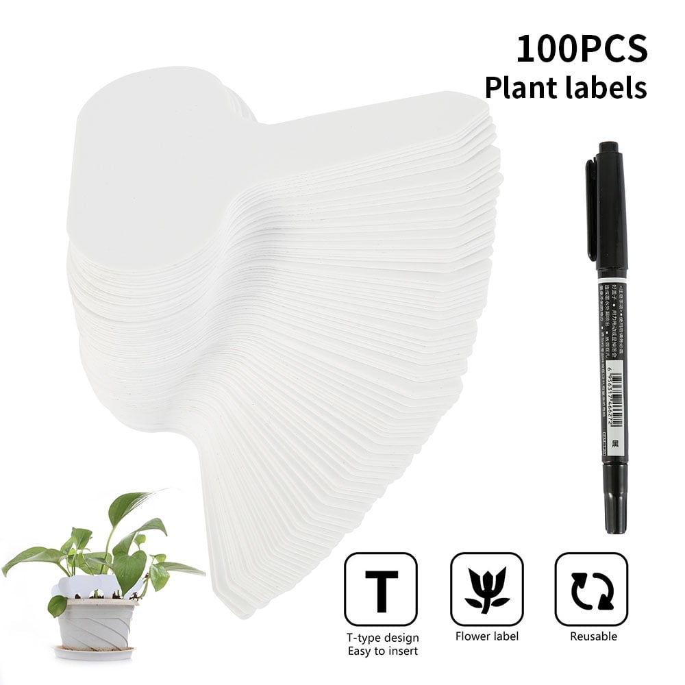 Willkey 100PCS Plastic Plant Labels T Type Markers with A Marker Pen Plant Hanging Tags Markers Garden Markers Waterproof White