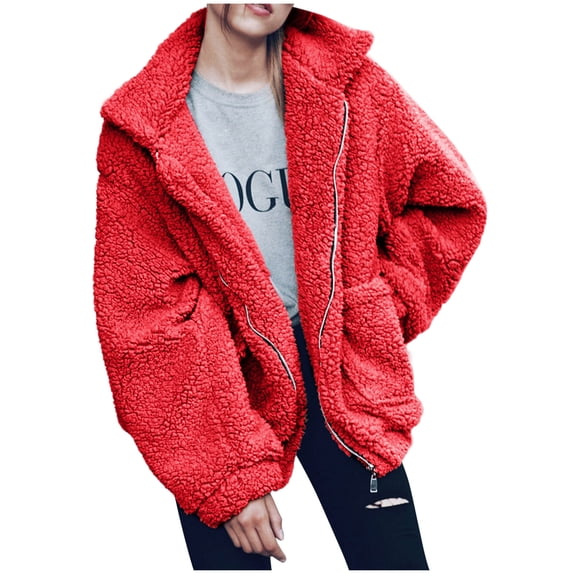 Women Winter Outerwear Long Sleeve Thicken Loose Fit Solid Color Zipper Jacket With Pockets
