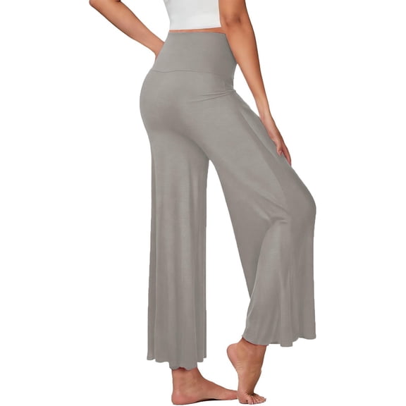 QSAWXQZ Women's Ice Silk Style Wide Leg Pants Stretch High Elastic Waist Solid Casual Palazzo Trousers for Yoga Lounge Gray S