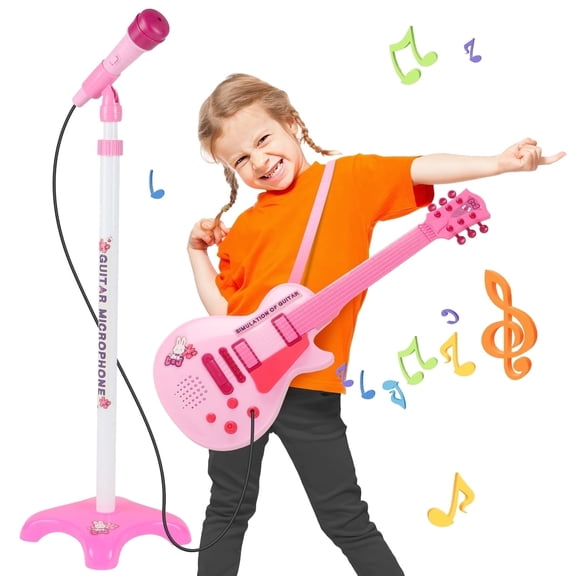 HopeRock Kids Toy Guitar for Toddlers Ages 3 4 5 6 Years, Pink Toys Guitar Set, with Microphone And Adjustable Stand, Musical Instrument Christmas Birthday Gift for Boys Girls.