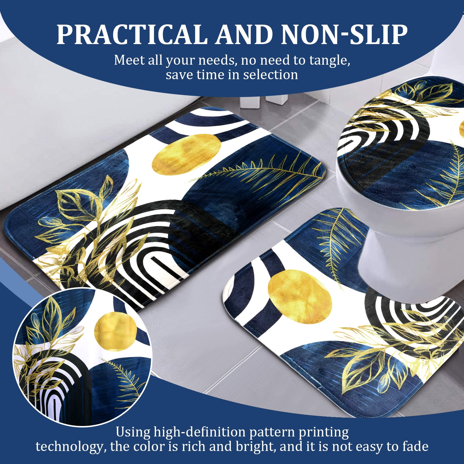 Dznils Boho Fabric Shower Curtain and Rug Sets, 16pc Modern Abstract Bathroom Sets, Blue, 72" x 72"