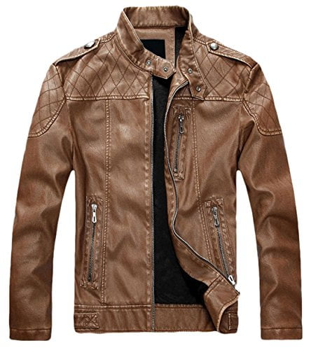 chouyatou Mens Stylish Hooded Zip-Front Fleece Lined Moto Pu Leather Bomber Jackets