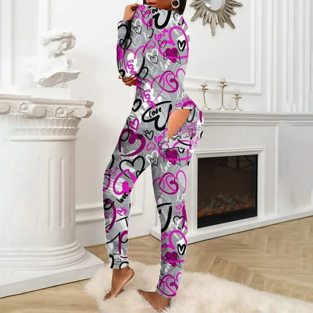 Mono de pijama Sexy para mujer, mono con botones en la espalda, trasero, trasero abierto, solapa, estampado de corazón, ropa de estar por casa