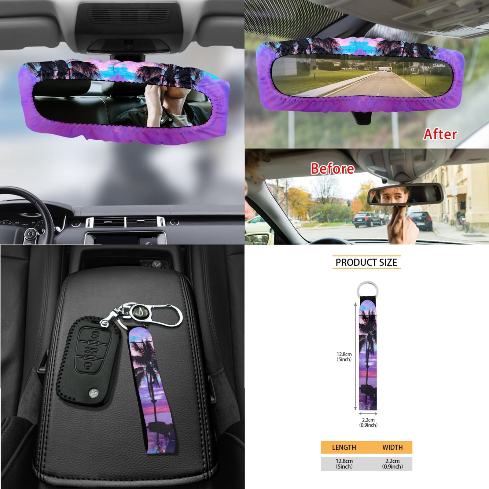 Garronmavis Beach Sunset 15 PCS Car Seat Cover Full Set 4 Pieces Car Seat Covers Steering Wheel Cover Wristlet Strap Car Trash Can Car Dash Accessories Rearview Mirror Cover Car Coasters