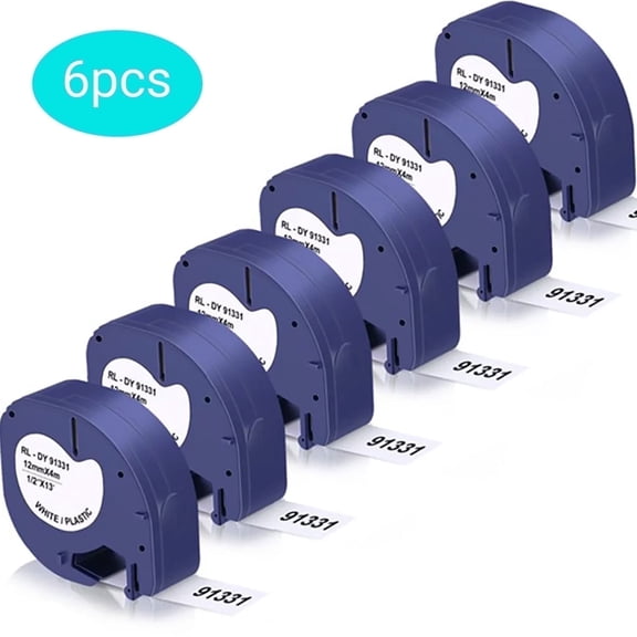 Hiipoo Label Tape Compatible with Dymo LetraTag, Works with LT-100H, LT-100T, QX50, 91330, 91331 (1/2 Inch x 13 Feet), 6-Pack, Black on White Refill Roll