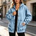 thumbnail image 3 of qafoshin Denim Jacket for Women Zipper Hooded Drawstring Denim Coat Oversized Long Sleeve Fall Trendy Outfits, 3 of 7