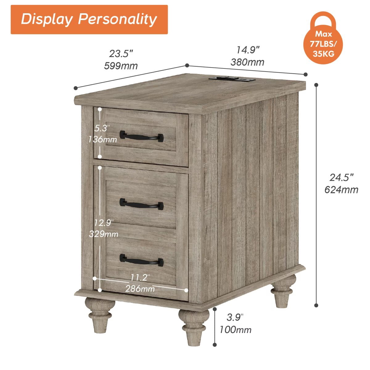 Gray End Table with Drawer & Cabinet, Wooden Side Table Nightstand with Charging Station for Living Room & Bedroom