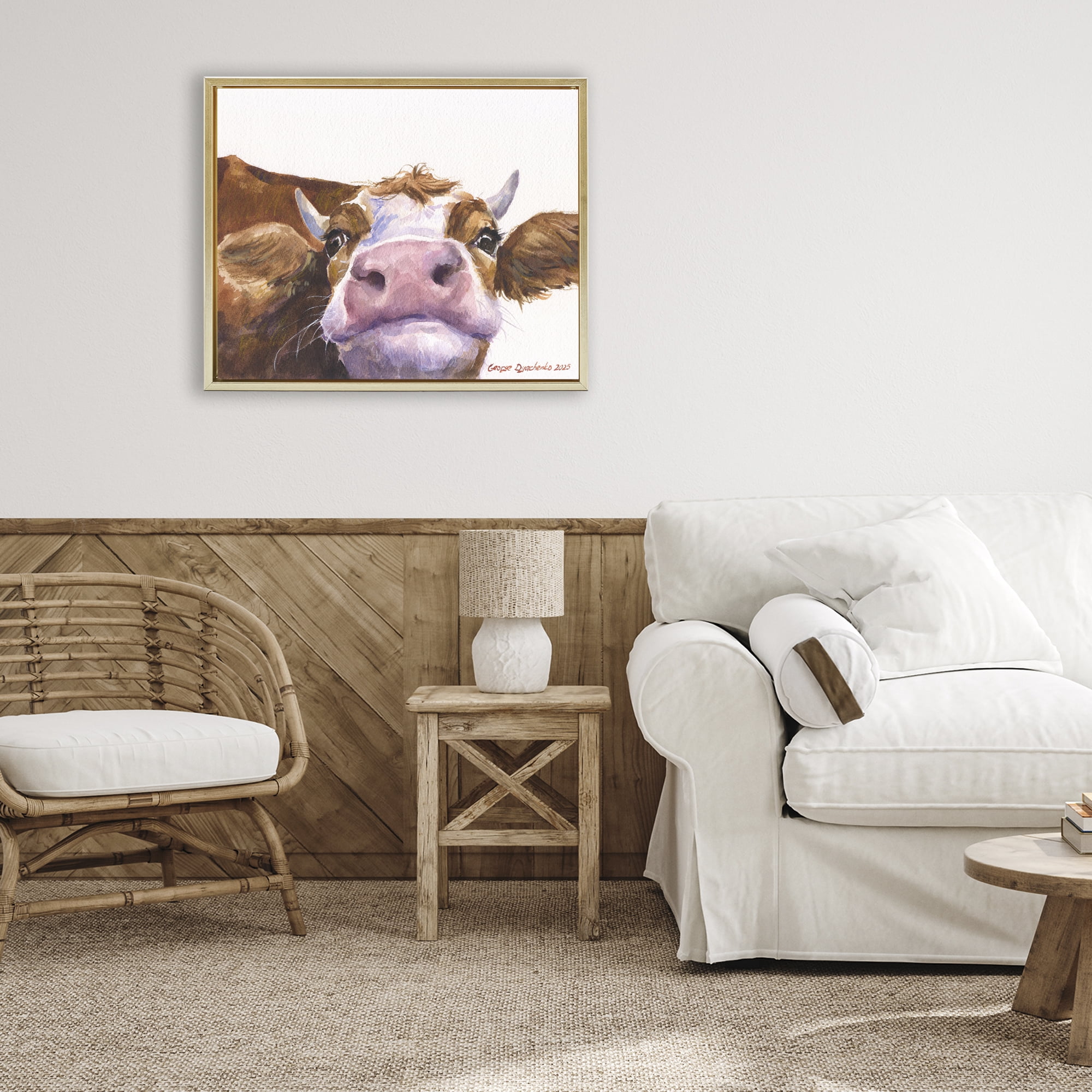 Stupell Industries Cute Cow Close Up Gold Framed Floater Canvas Wall Art, design by George Dyachenko