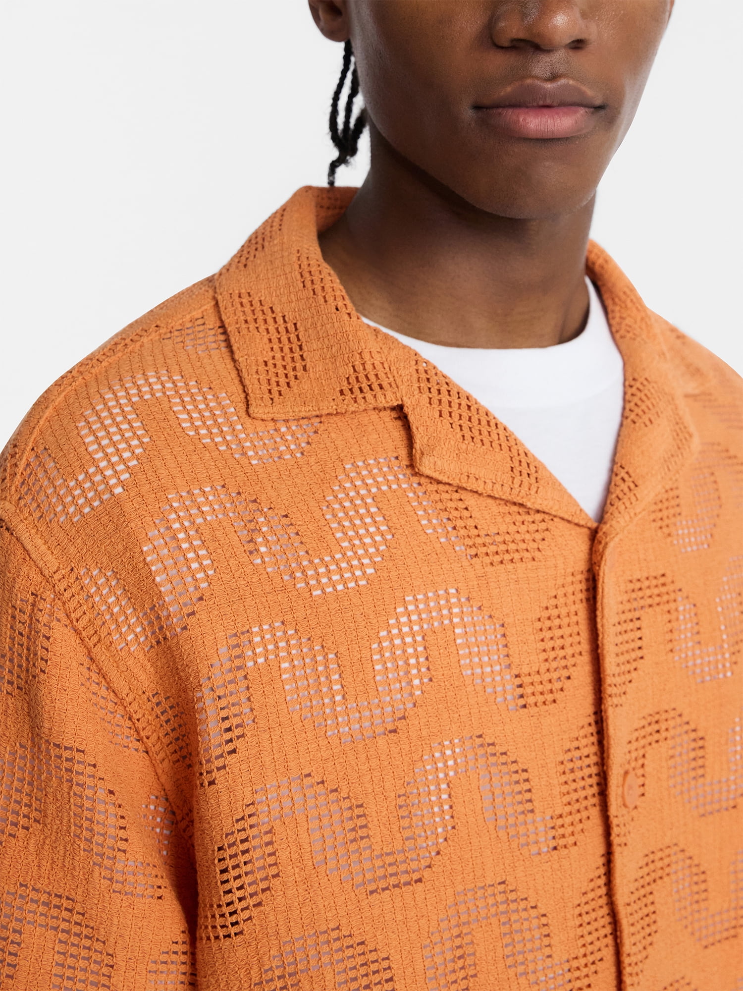 No Boundaries Textured Wave Design Resort Shirt with Short Sleeves, Men's XS-4XLT