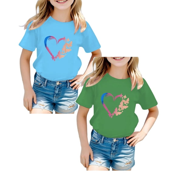 XEGLSBU 2 Pack Girls T Shirts Heart Prints Short Sleeve Tees Summer Casual Tops (Size 7-8 Years)