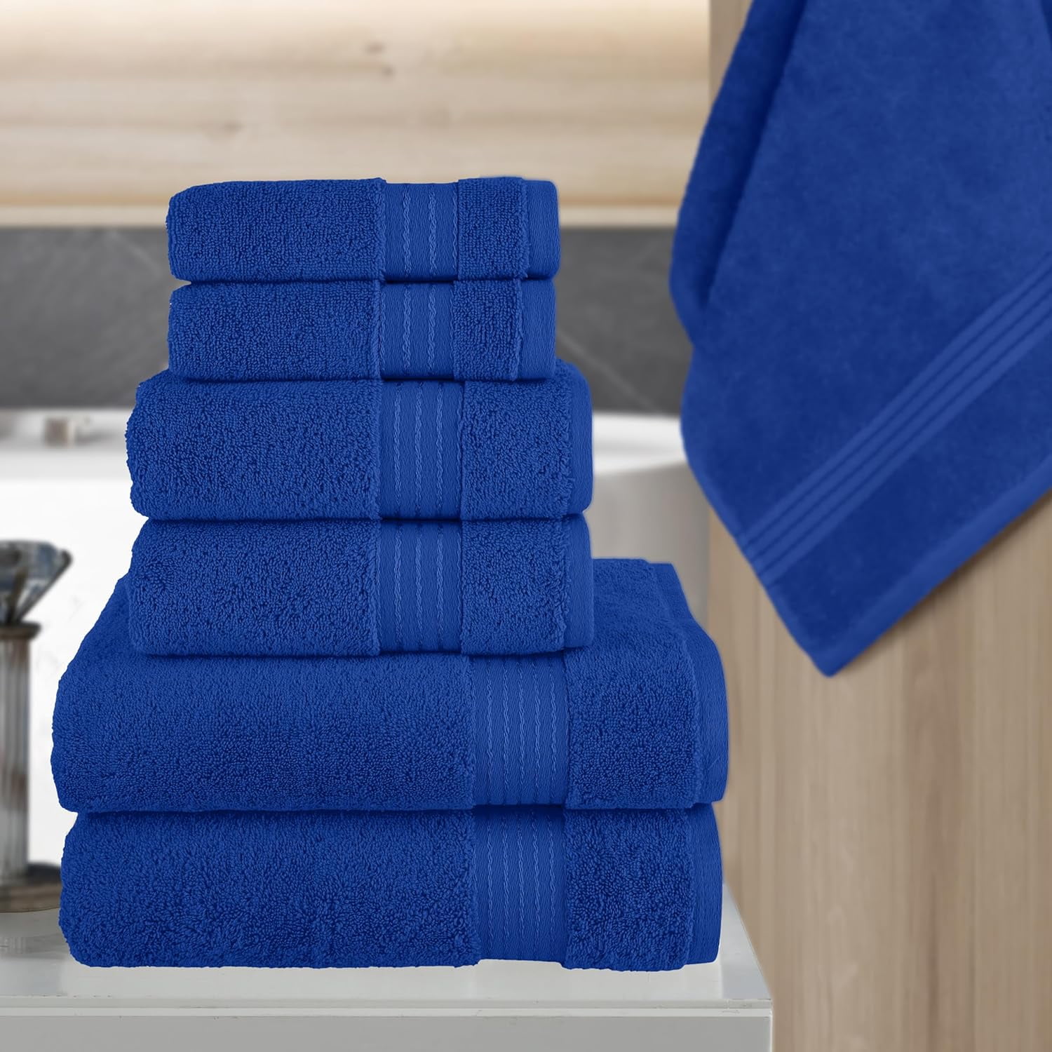 Discount Cotton 6-Piece Towel Set, Includes 2 Washcloths, 2 Hand Towels and 2 Bath Towels, 100% Turkish Cotton - Highly Absorbent and Super Soft Towels for Bathroom, Royal Blue