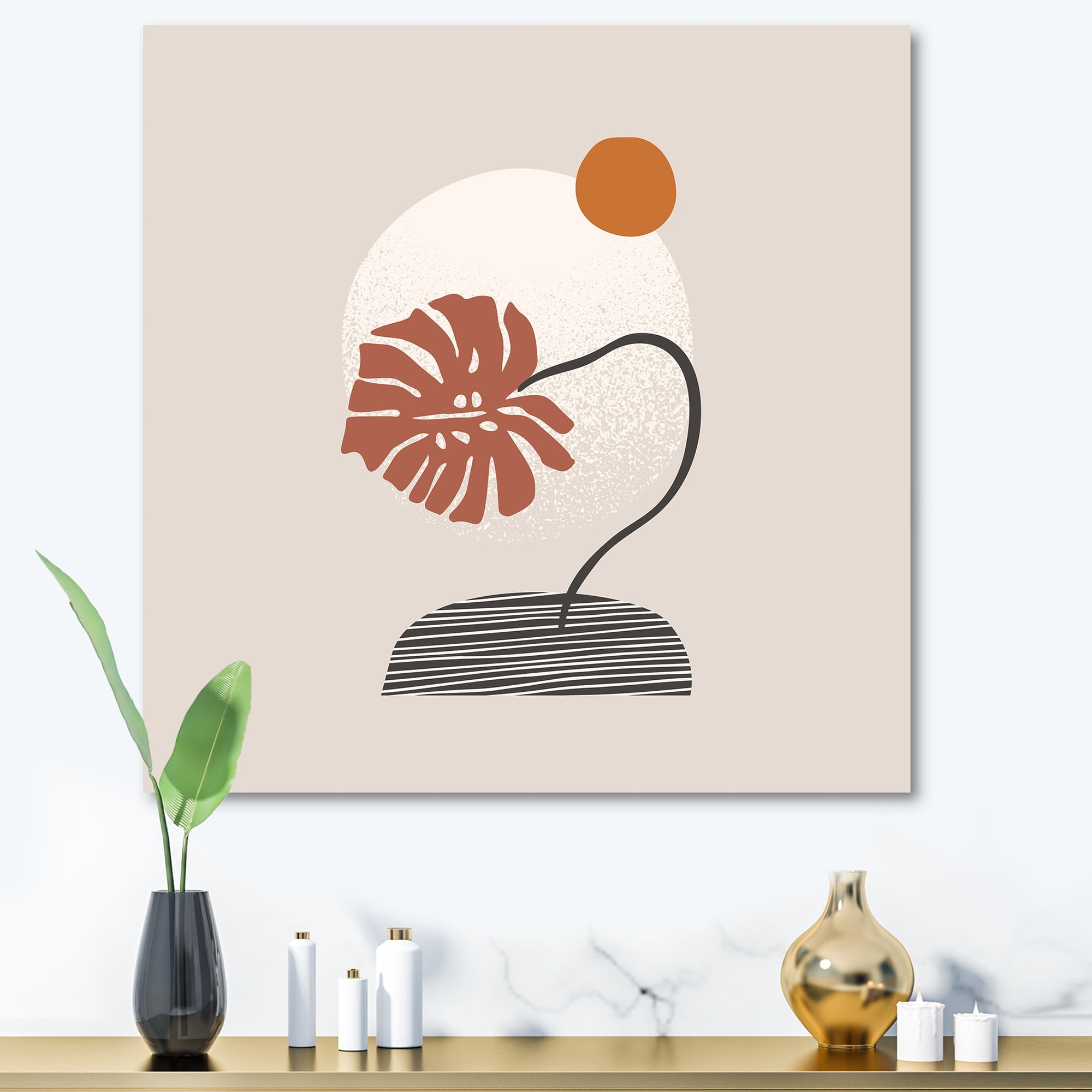 Abstract Geometry Shapes and Tropical Palm Leaf III 30 in x 30 in Painting Canvas Art Print, by Designart