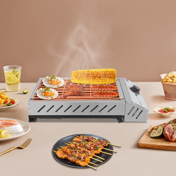 1800W Electric Barbecue Grill, Stainless Steel Countertop BBQ with Adjustable Temp to 572°F & Indicator Light, Indoor/Outdoor for Home Camping Picnic (16.7"x8.6" Area)