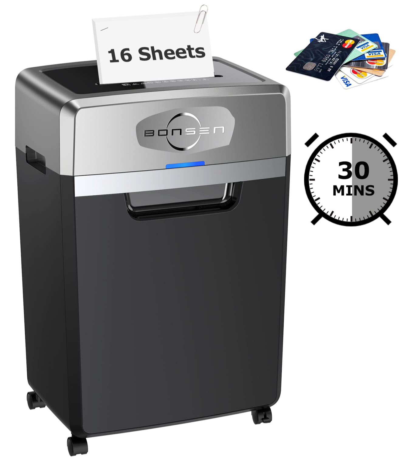 BONSEN 16-Sheet Super Micro-Cut Paper Shredder 30-Min Runing Time Ultra Quiet Commercial Shredder with 7.9-Gallon Pullout Basket & Casters High Security P-5 Heavy Duty Shredder for Office S3108 