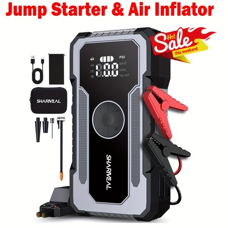 10000A/8000A 5-IN-1 Portable Jump Starter with 150PSI Digital Air Compressor - 12V Supersafe Lithium Booster for 8.0L Gas/2.38gal Diesel, Tire Inflator & USB Port - Roadside Tool for Car/Truck Owners