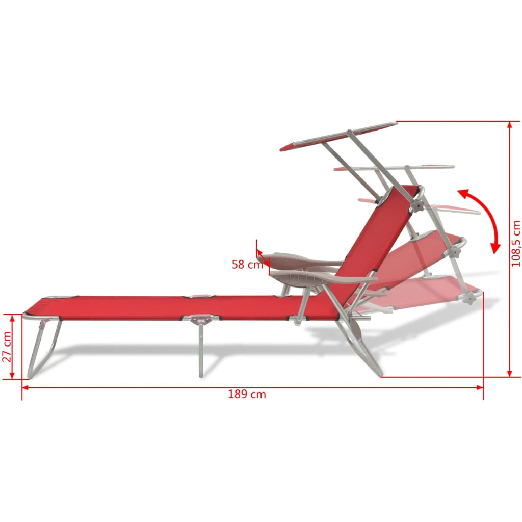 Clearance Outdoor Lounge Bed with Canopy, Folding Camping Sun Relaxing Chaise for Garden Patio, Red