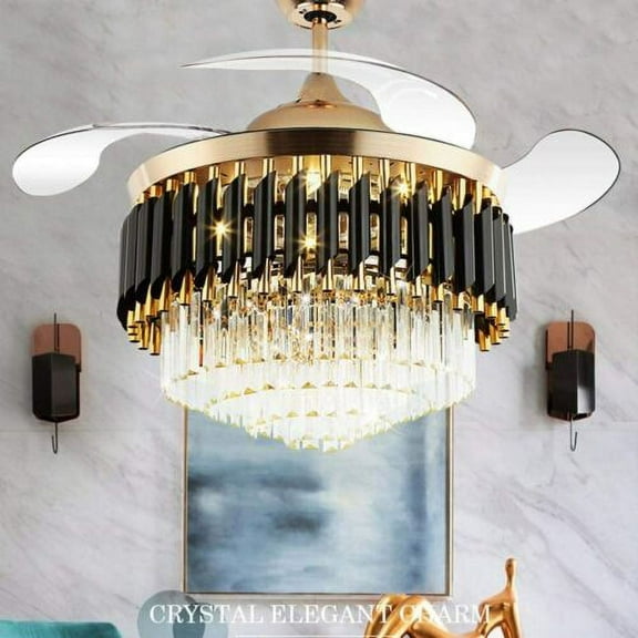 FINE MAKER 42" Retractable Crystal Fandelier Ceiling Fan with LED Light and Remote Control