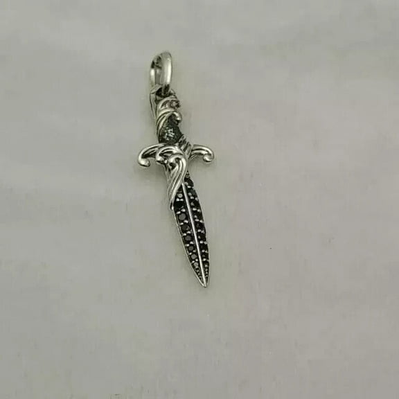 1.99 Ct Round Cut Simulated Black Diamond Knife Pendant 14K White Gold Plated